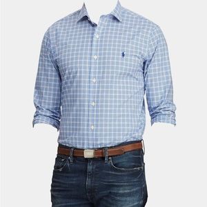 $295 Ralph Lauren Men Slim-Fit Stretch White Blue Check Dress Shirt Large
